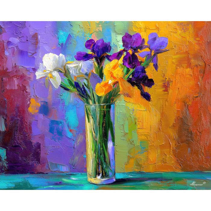 blooming, surface, irises, flowers on table, still life, floral art, palette knife, oil painting, impasto, textured surface, colorful flowers, vase, tabletop, bright colors, modern still life, painterly style, decorative art