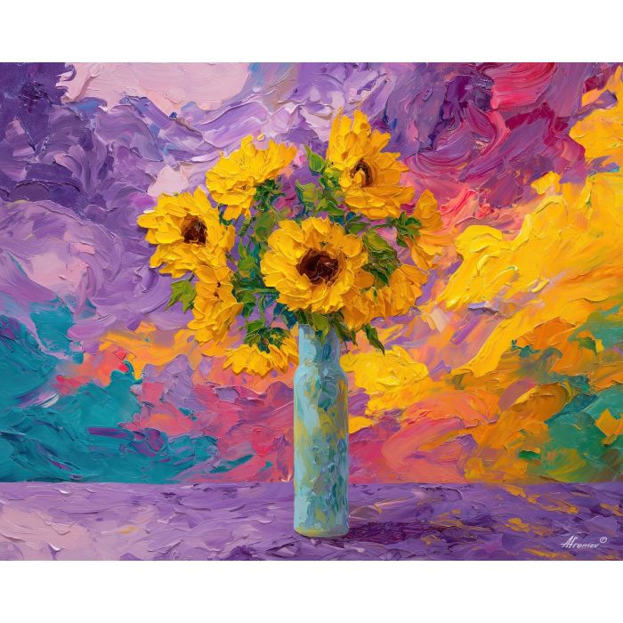 flowing, scene, sunflowers, flowers on table, still life, floral art, palette knife, oil painting, impasto, textured surface, colorful flowers, vase, tabletop, bright colors, modern still life, painterly style, decorative art