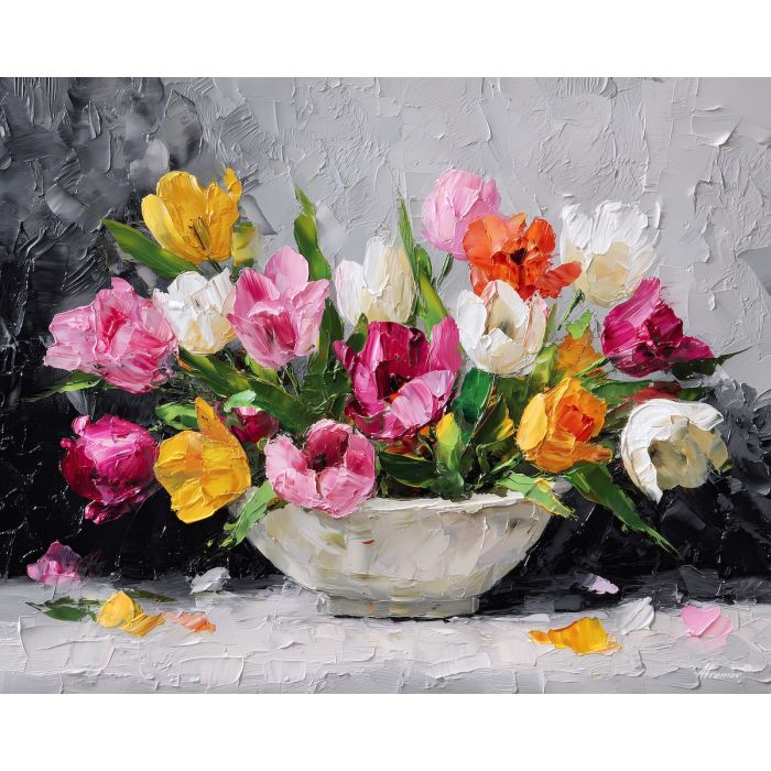 blooming, composition, tulips, flowers on table, still life, floral art, palette knife, oil painting, impasto, textured surface, colorful flowers, vase, tabletop, bright colors, modern still life, painterly style, decorative art