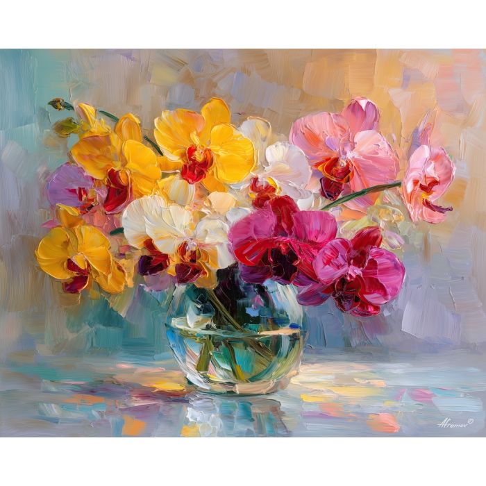 radiant, display, orchids, flowers on table, still life, floral art, palette knife, oil painting, impasto, textured surface, colorful flowers, vase, tabletop, bright colors, modern still life, painterly style, decorative art