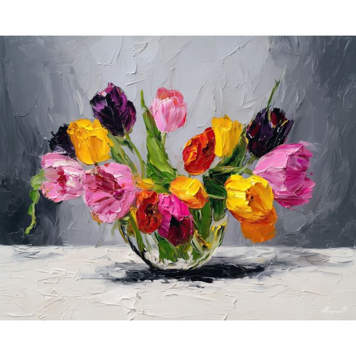 vivid, scene, tulips, flowers on table, still life, floral art, palette knife, oil painting, impasto, textured surface, colorful flowers, vase, tabletop, bright colors, modern still life, painterly style, decorative art