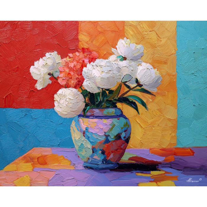 blooming, scene, peonies, flowers on table, still life, floral art, palette knife, oil painting, impasto, textured surface, colorful flowers, vase, tabletop, bright colors, modern still life, painterly style, decorative art