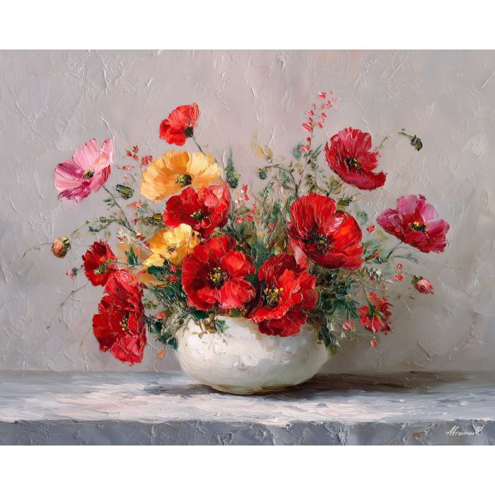 flowing, display, poppies, flowers on table, still life, floral art, palette knife, oil painting, impasto, textured surface, colorful flowers, vase, tabletop, bright colors, modern still life, painterly style, decorative art