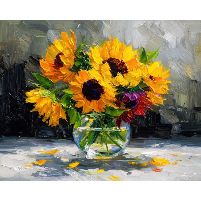 open, display, sunflowers, flowers on table, still life, floral art, palette knife, oil painting, impasto, textured surface, colorful flowers, vase, tabletop, bright colors, modern still life, painterly style, decorative art