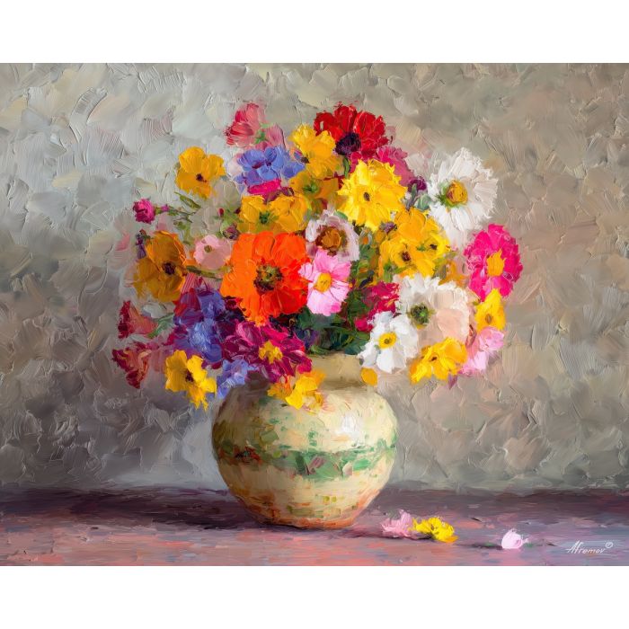 blooming, vase, wildflowers, flowers on table, still life, floral art, palette knife, oil painting, impasto, textured surface, colorful flowers, tabletop, bright colors, modern still life, painterly style, decorative art