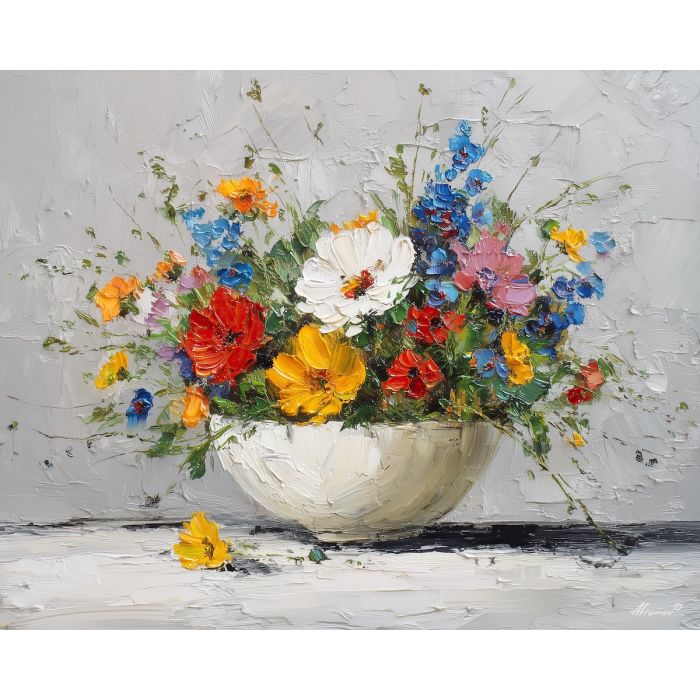 bright, surface, wildflowers, flowers on table, still life, floral art, palette knife, oil painting, impasto, textured surface, colorful flowers, vase, tabletop, bright colors, modern still life, painterly style, decorative art