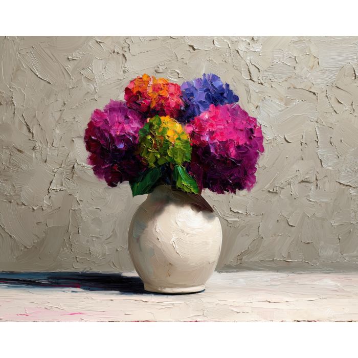 colorful, vase, hydrangeas, flowers on table, still life, floral art, palette knife, oil painting, impasto, textured surface, colorful flowers, tabletop, bright colors, modern still life, painterly style, decorative art