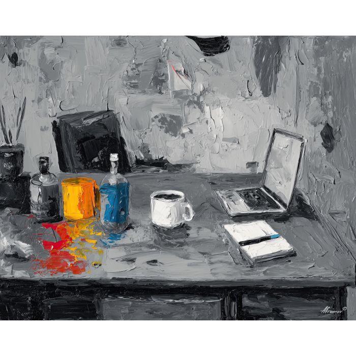 direct, space, business theme, office scene, meeting, professional, palette knife, oil painting, impasto, textured surface, corporate, modern office, workplace art, presentation, collaboration, desk, whiteboard