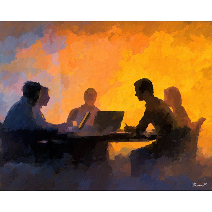 active, discussion, business theme, office scene, meeting, professional, palette knife, oil painting, impasto, textured surface, corporate, modern office, workplace art, presentation, collaboration, desk, whiteboard