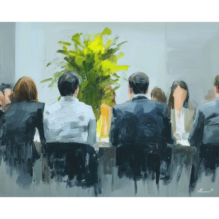 formal, conference, business theme, office scene, meeting, professional, palette knife, oil painting, impasto, textured surface, corporate, modern office, workplace art, presentation, collaboration, desk, whiteboard