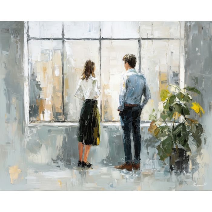 clear, workspace, business theme, office scene, meeting, professional, palette knife, oil painting, impasto, textured surface, corporate, modern office, workplace art, presentation, collaboration, desk, whiteboard