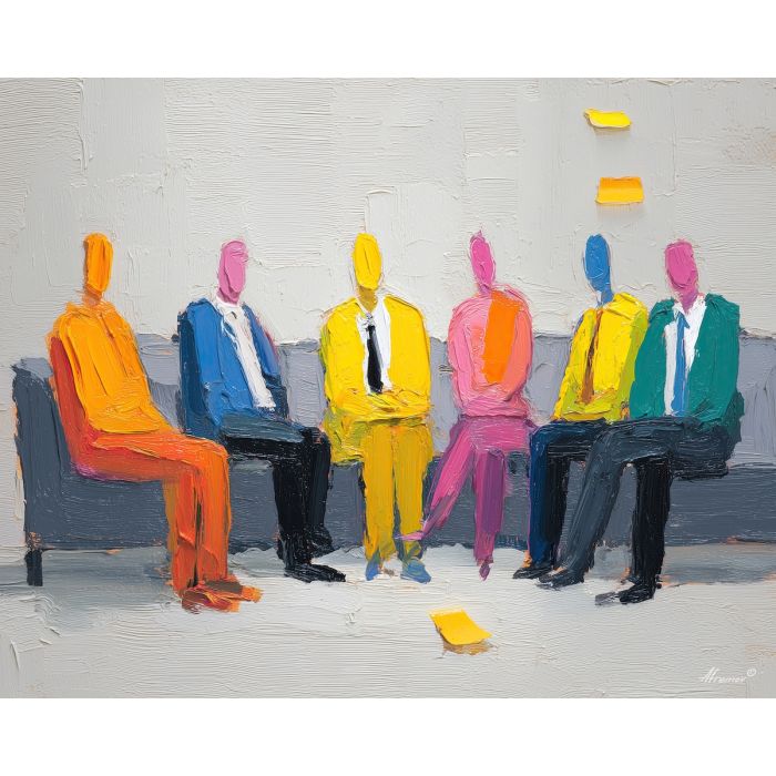 focused, exchange, business theme, office scene, meeting, professional, palette knife, oil painting, impasto, textured surface, corporate, modern office, workplace art, presentation, collaboration, desk, whiteboard