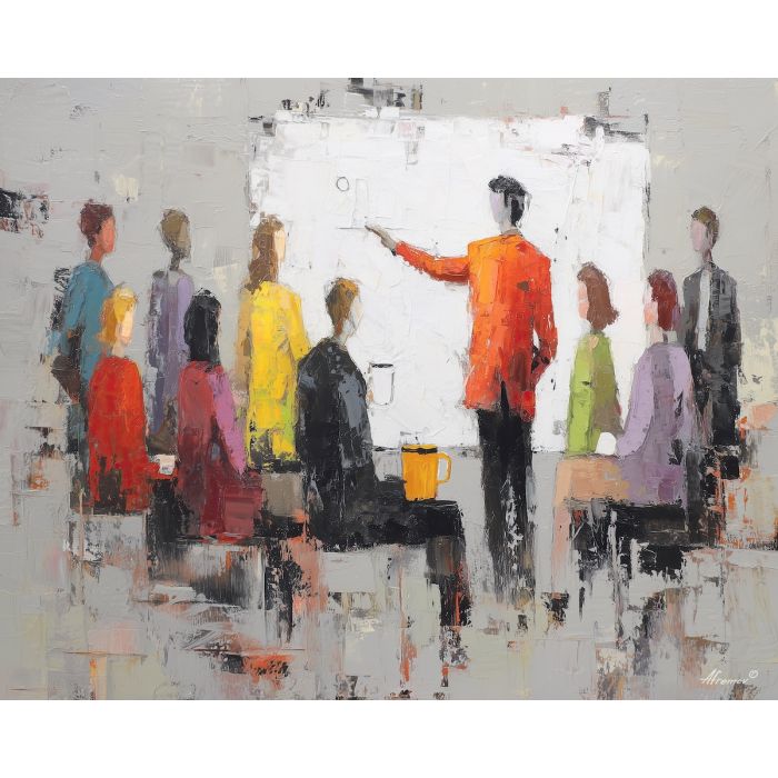 working, conference, business theme, office scene, meeting, professional, palette knife, oil painting, impasto, textured surface, corporate, modern office, workplace art, presentation, collaboration, desk, whiteboard