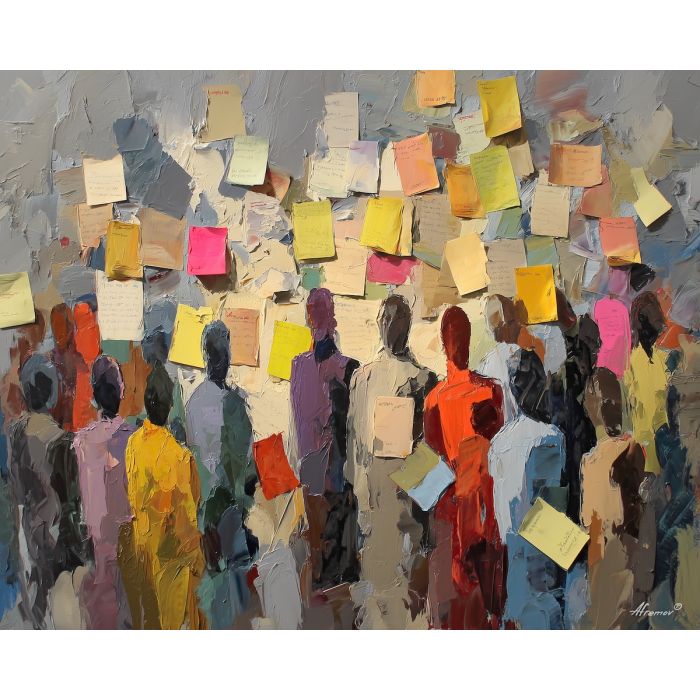 dynamic, session, business theme, office scene, meeting, professional, palette knife, oil painting, impasto, textured surface, corporate, modern office, workplace art, presentation, collaboration, desk, whiteboard