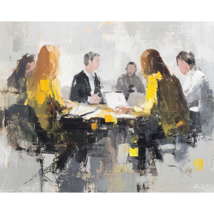 focused, discussion, business theme, office scene, meeting, professional, palette knife, oil painting, impasto, textured surface, corporate, modern office, workplace art, presentation, collaboration, desk, whiteboard