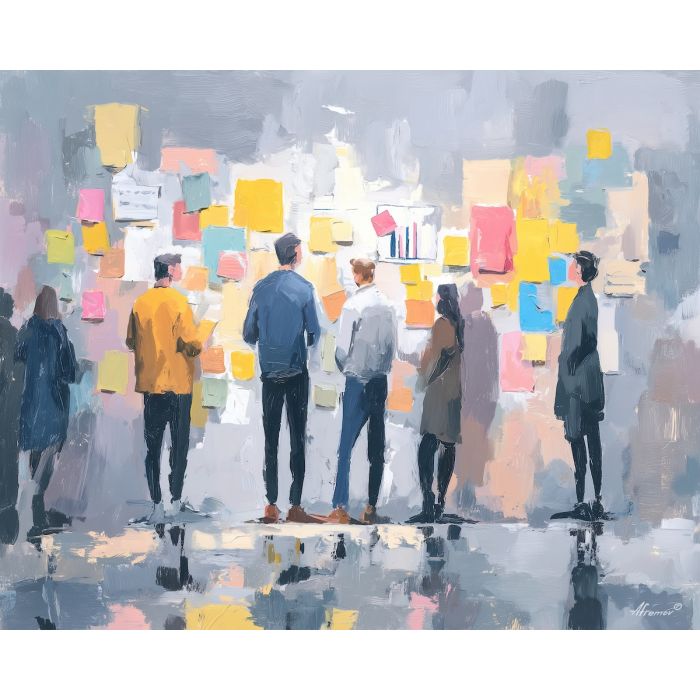 quiet, project, business theme, office scene, meeting, professional, palette knife, oil painting, impasto, textured surface, corporate, modern office, workplace art, presentation, collaboration, desk, whiteboard