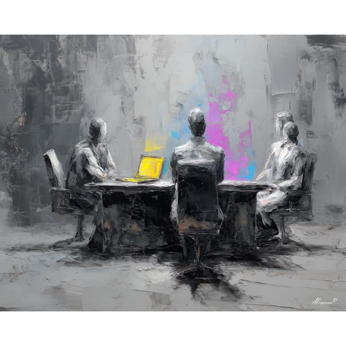 balanced, exchange, business theme, office scene, meeting, professional, palette knife, oil painting, impasto, textured surface, corporate, modern office, workplace art, presentation, collaboration, desk, whiteboard