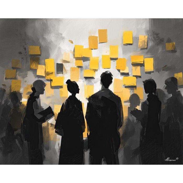 modern, briefing, business theme, office scene, meeting, professional, palette knife, oil painting, impasto, textured surface, corporate, modern office, workplace art, presentation, collaboration, desk, whiteboard