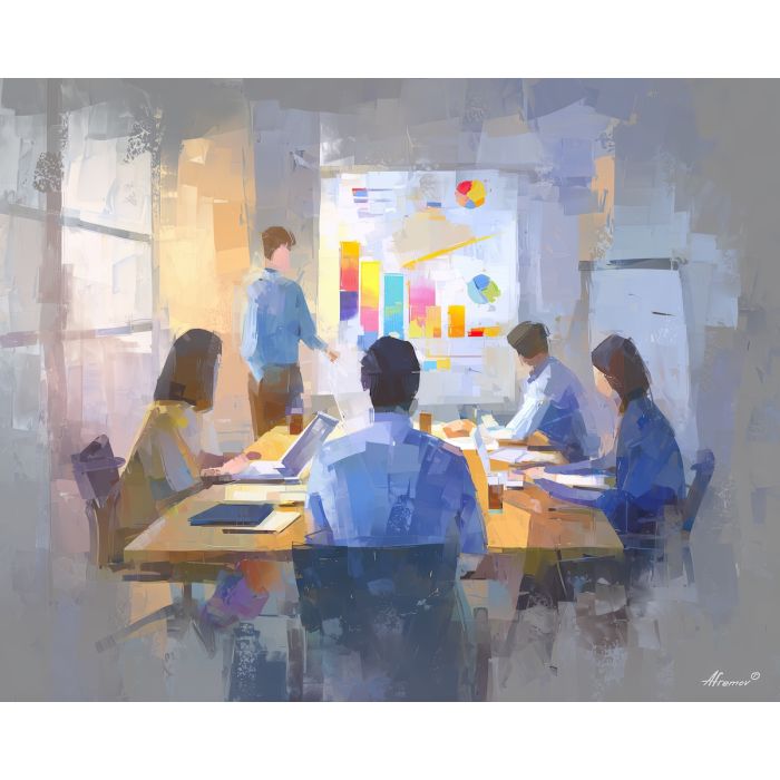 balanced, room, business theme, office scene, meeting, professional, palette knife, oil painting, impasto, textured surface, corporate, modern office, workplace art, presentation, collaboration, desk, whiteboard