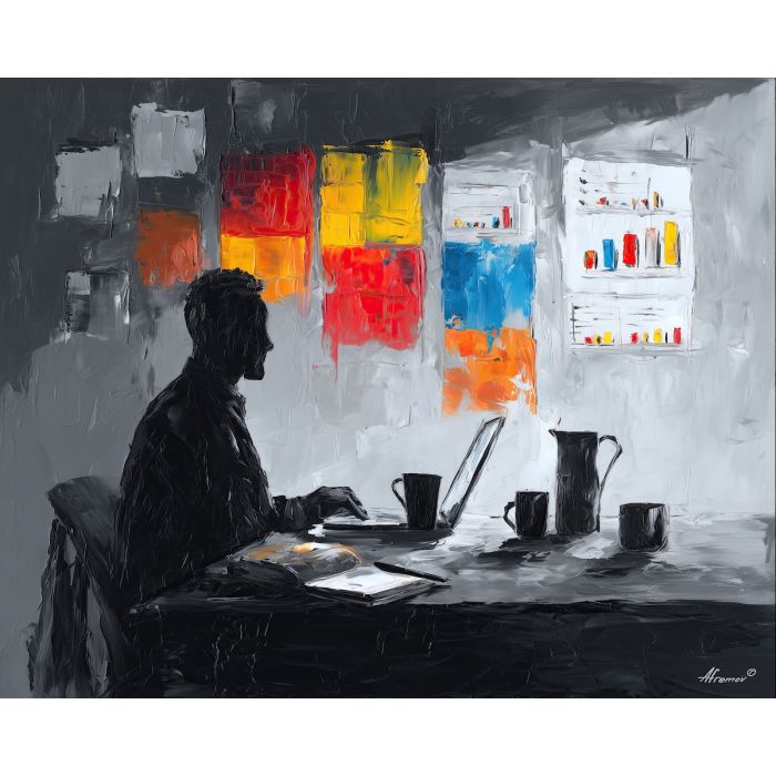 dynamic, conference, business theme, office scene, meeting, professional, palette knife, oil painting, impasto, textured surface, corporate, modern office, workplace art, presentation, collaboration, desk, whiteboard