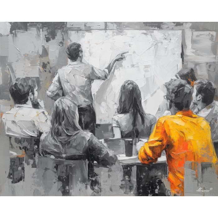 shared, agenda, business theme, office scene, meeting, professional, palette knife, oil painting, impasto, textured surface, corporate, modern office, workplace art, presentation, collaboration, desk, whiteboard