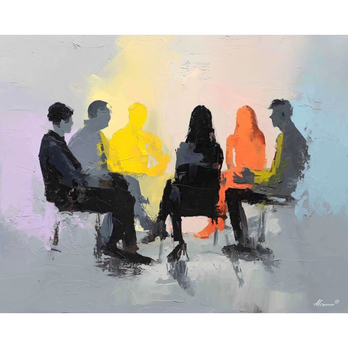 collaborative, session, business theme, office scene, meeting, professional, palette knife, oil painting, impasto, textured surface, corporate, modern office, workplace art, presentation, collaboration, desk, whiteboard