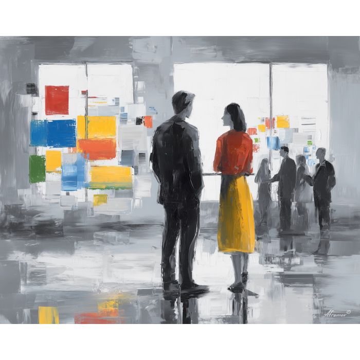 collaborative, plan, business theme, office scene, meeting, professional, palette knife, oil painting, impasto, textured surface, corporate, modern office, workplace art, presentation, collaboration, desk, whiteboard