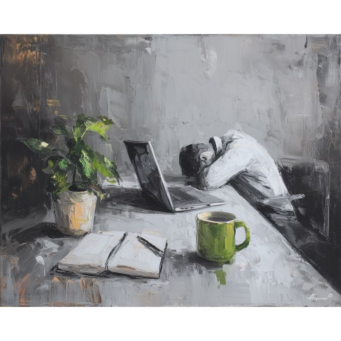 calm, task, business theme, office scene, meeting, professional, palette knife, oil painting, impasto, textured surface, corporate, modern office, workplace art, presentation, collaboration, desk, whiteboard