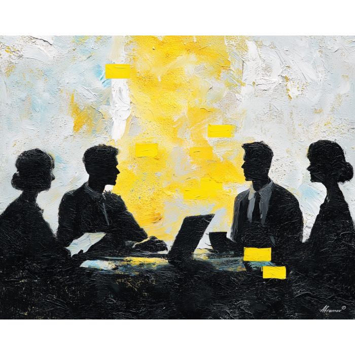 quiet, plan, business theme, office scene, meeting, professional, palette knife, oil painting, impasto, textured surface, corporate, modern office, workplace art, presentation, collaboration, desk, whiteboard