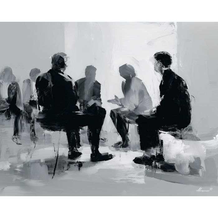 active, briefing, business theme, office scene, meeting, professional, palette knife, oil painting, impasto, textured surface, corporate, modern office, workplace art, presentation, collaboration, desk, whiteboard