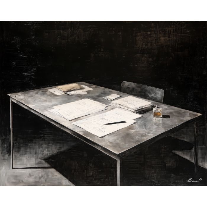 atablewithdocuments, business art, corporate, abstract, palette knife, oil painting, impasto, textured surface, modern, minimal, professional, conceptual, clean design, office theme, contemporary art, visual concept