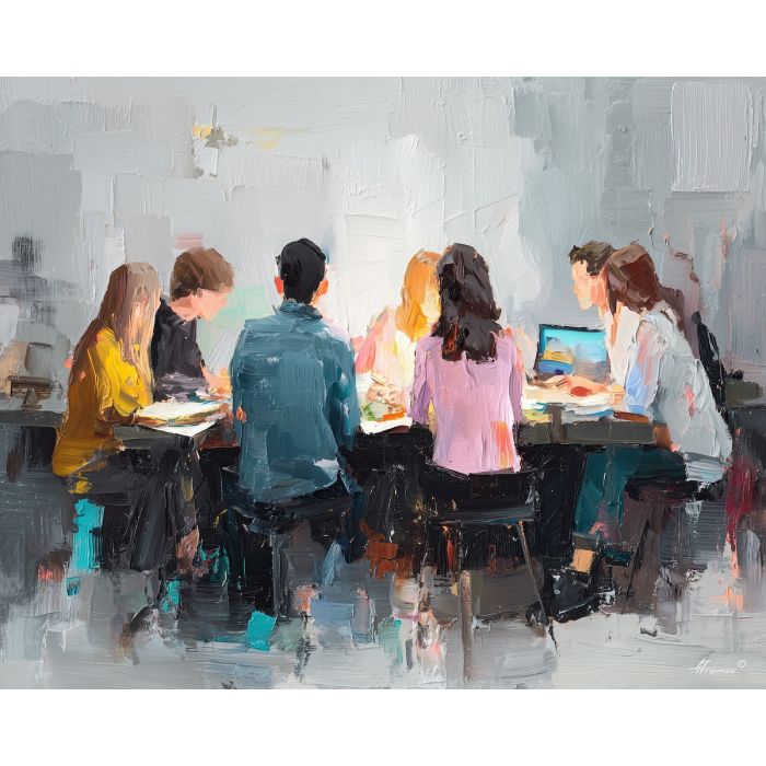 collaborative, workspace, business theme, office scene, meeting, professional, palette knife, oil painting, impasto, textured surface, corporate, modern office, workplace art, presentation, collaboration, desk, whiteboard