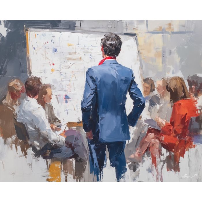 working, project, business theme, office scene, meeting, professional, palette knife, oil painting, impasto, textured surface, corporate, modern office, workplace art, presentation, collaboration, desk, whiteboard