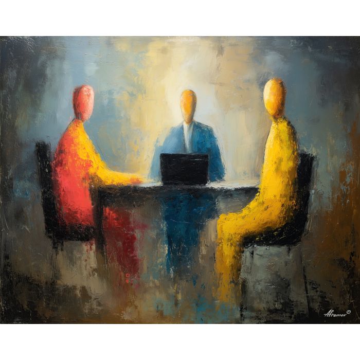 calm, discussion, business theme, office scene, meeting, professional, palette knife, oil painting, impasto, textured surface, corporate, modern office, workplace art, presentation, collaboration, desk, whiteboard