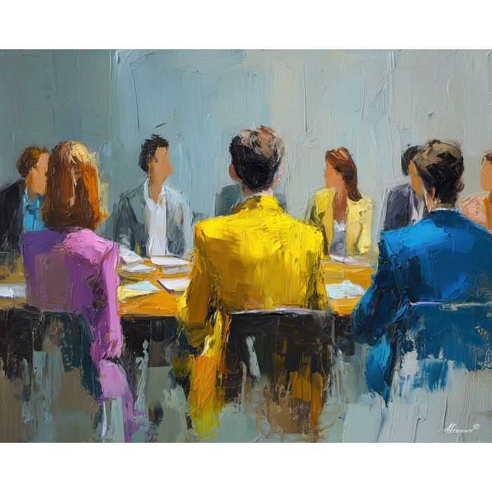 clean, meeting, business theme, office scene, professional, palette knife, oil painting, impasto, textured surface, corporate, modern office, workplace art, presentation, collaboration, desk, whiteboard