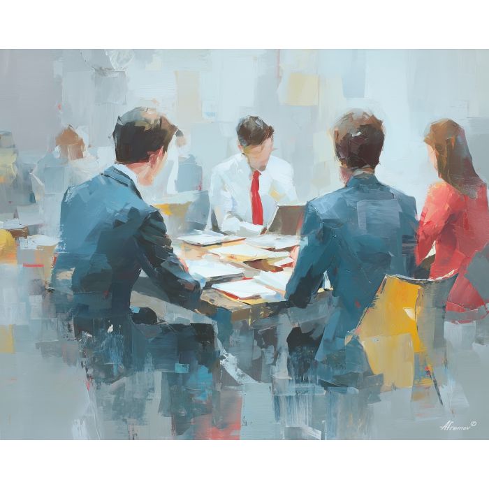 working, ideas, business theme, office scene, meeting, professional, palette knife, oil painting, impasto, textured surface, corporate, modern office, workplace art, presentation, collaboration, desk, whiteboard