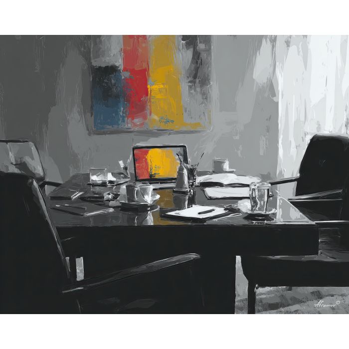 engaged, briefing, business theme, office scene, meeting, professional, palette knife, oil painting, impasto, textured surface, corporate, modern office, workplace art, presentation, collaboration, desk, whiteboard