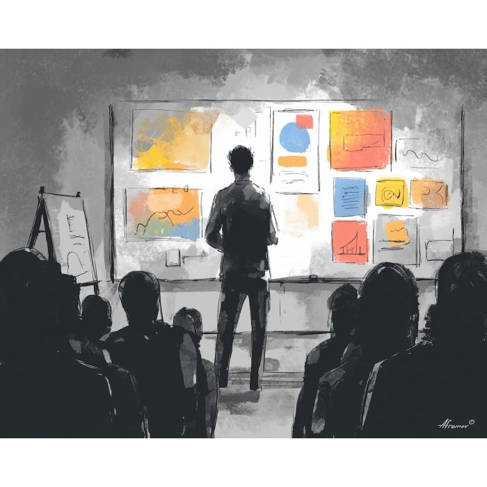 engaged, scene, business theme, office scene, meeting, professional, palette knife, oil painting, impasto, textured surface, corporate, modern office, workplace art, presentation, collaboration, desk, whiteboard