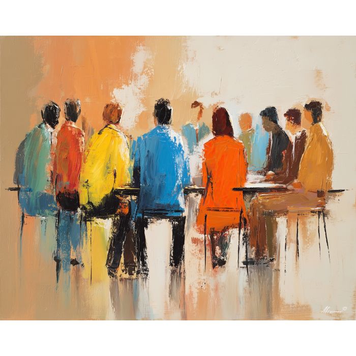 bright, ideas, business theme, office scene, meeting, professional, palette knife, oil painting, impasto, textured surface, corporate, modern office, workplace art, presentation, collaboration, desk, whiteboard