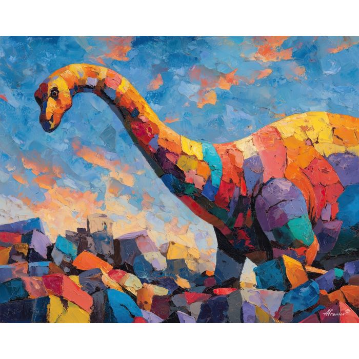 dinosaur, modern art, palette knife, oil painting, impasto, textured surface, contemporary, expressive, visual art, creative, abstract, painterly, bold colors, concept art, illustrative, graphic