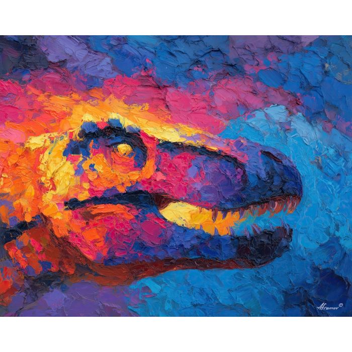 dinosaur, modern art, palette knife, oil painting, impasto, textured surface, contemporary, expressive, visual art, creative, abstract, painterly, bold colors, concept art, illustrative, graphic