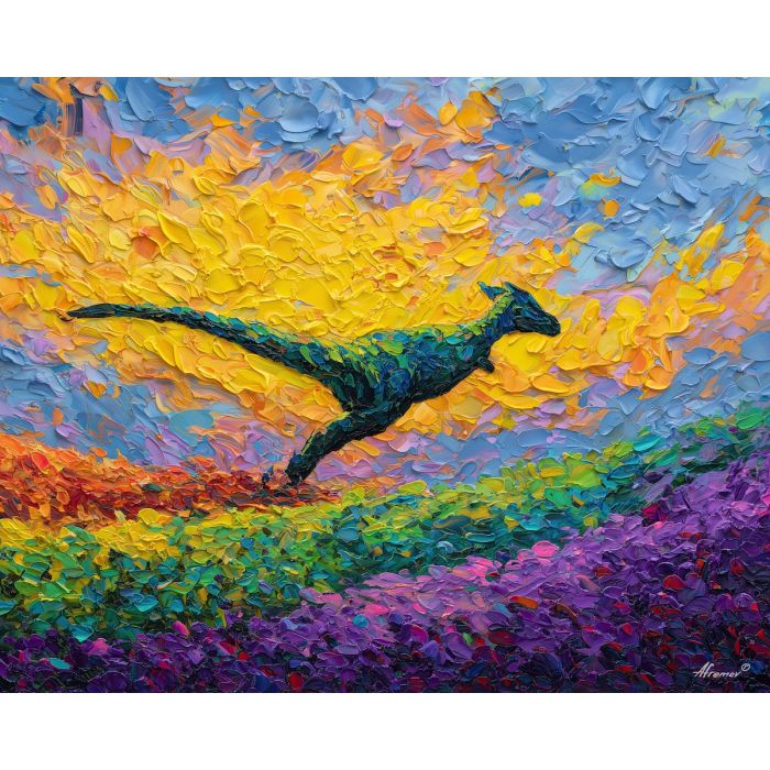 dinosaur, modern art, palette knife, oil painting, impasto, textured surface, contemporary, expressive, visual art, creative, abstract, painterly, bold colors, concept art, illustrative, graphic