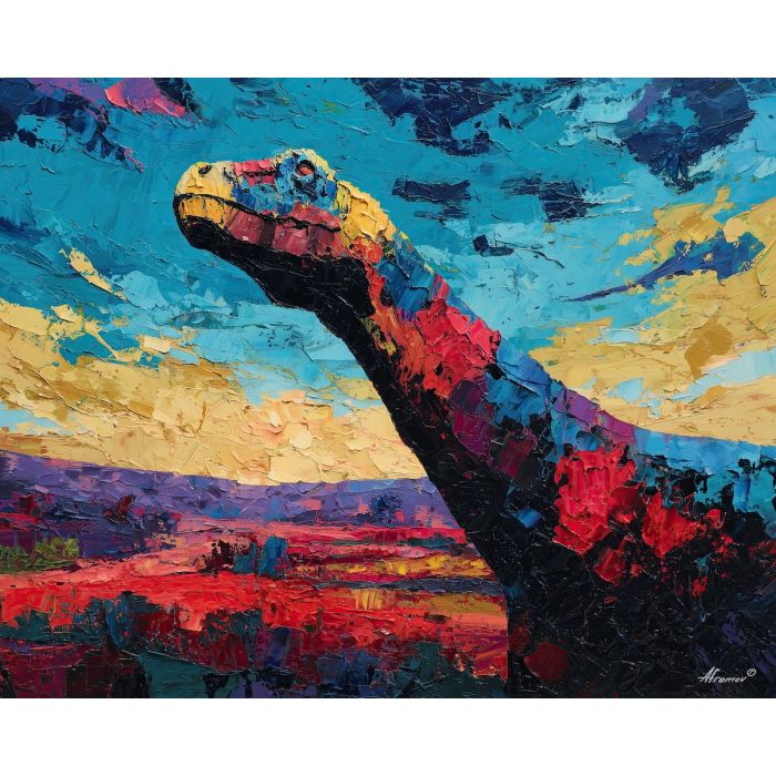 dinosaur, modern art, palette knife, oil painting, impasto, textured surface, contemporary, expressive, visual art, creative, abstract, painterly, bold colors, concept art, illustrative, graphic