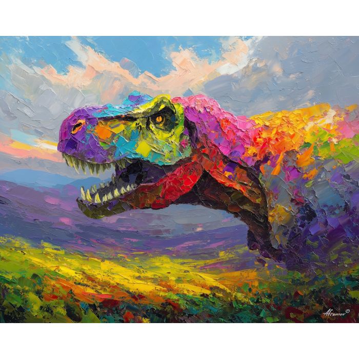 dinosaur, modern art, palette knife, oil painting, impasto, textured surface, contemporary, expressive, visual art, creative, abstract, painterly, bold colors, concept art, illustrative, graphic
