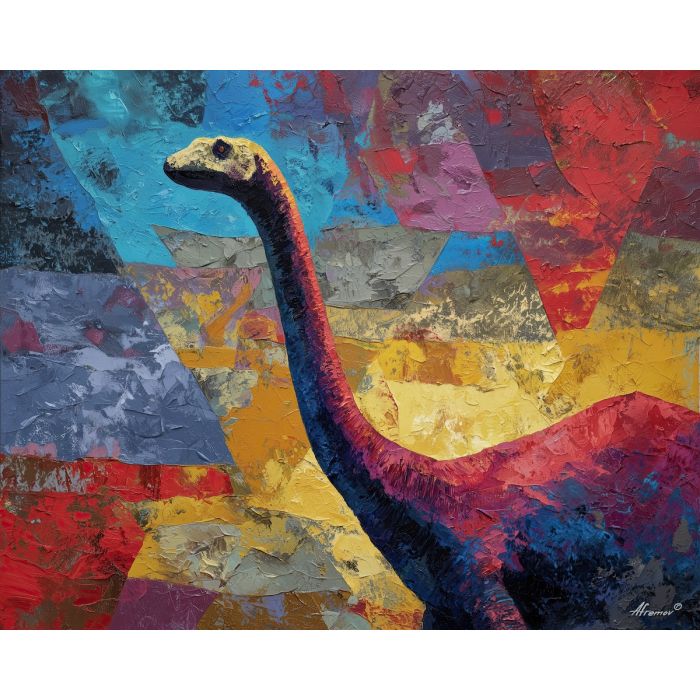 dinosaur, modern art, palette knife, oil painting, impasto, textured surface, contemporary, expressive, visual art, creative, abstract, painterly, bold colors, concept art, illustrative, graphic