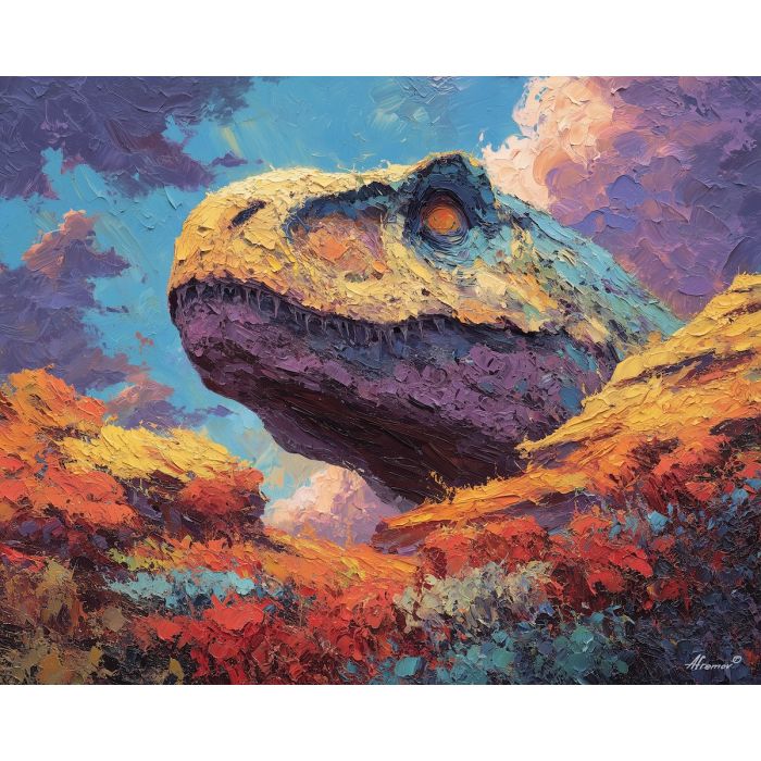 dinosaur, modern art, palette knife, oil painting, impasto, textured surface, contemporary, expressive, visual art, creative, abstract, painterly, bold colors, concept art, illustrative, graphic