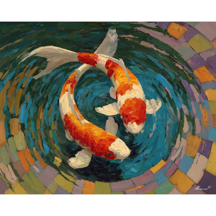 koi, fish, modern art, palette knife, oil painting, impasto, textured surface, contemporary, expressive, visual art, creative, abstract, painterly, bold colors, concept art, illustrative, graphic