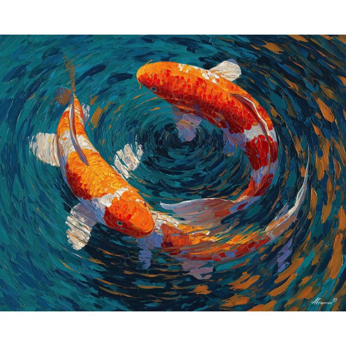 koi, fish, modern art, palette knife, oil painting, impasto, textured surface, contemporary, expressive, visual art, creative, abstract, painterly, bold colors, concept art, illustrative, graphic