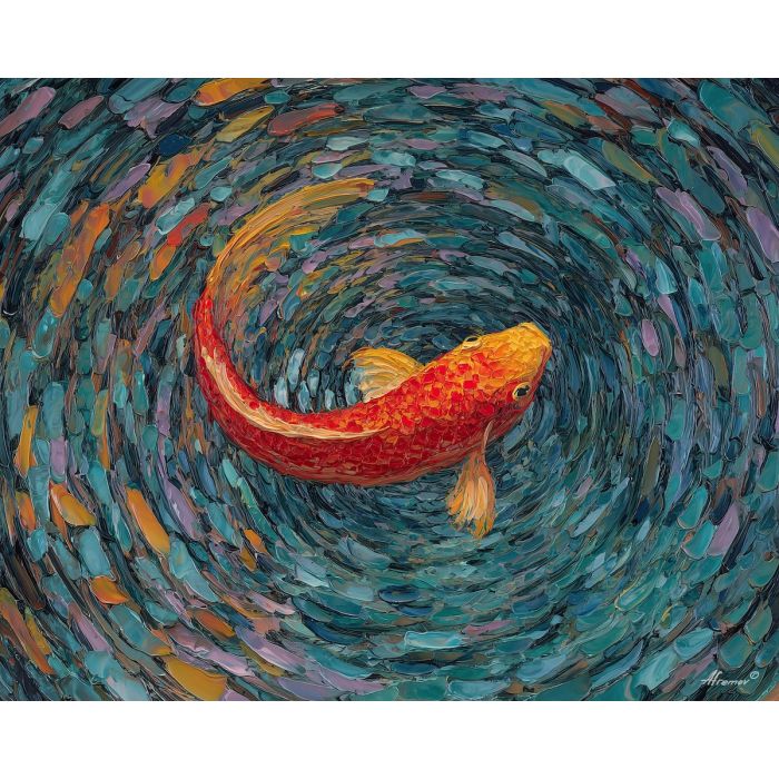 koi, fish, modern art, palette knife, oil painting, impasto, textured surface, contemporary, expressive, visual art, creative, abstract, painterly, bold colors, concept art, illustrative, graphic
