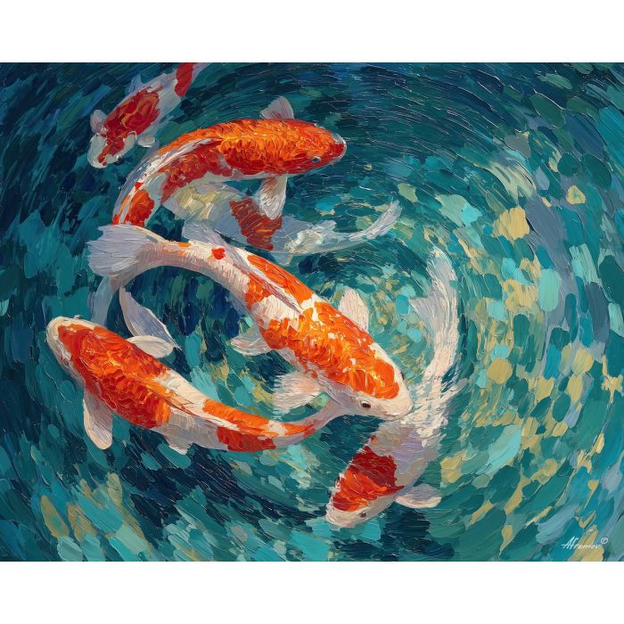 koi, fish, modern art, palette knife, oil painting, impasto, textured surface, contemporary, expressive, visual art, creative, abstract, painterly, bold colors, concept art, illustrative, graphic